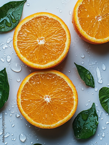 Juicy orange with vibrant green leaves on a pure white background. High-quality product photography highlighting freshness, perfect for packaging, ads, and health or citrus-themed branding.