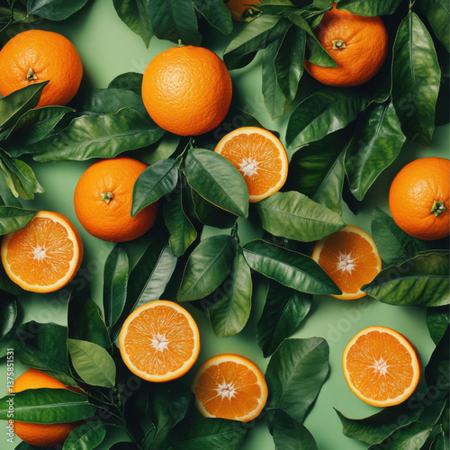 A refreshing, hydrating background with oranges and lush green trees under soft sunlight.
