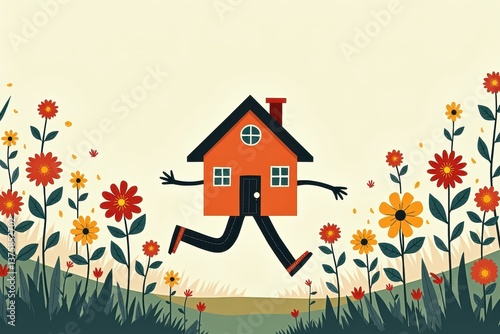 House running flower meadow in whimsical landscape