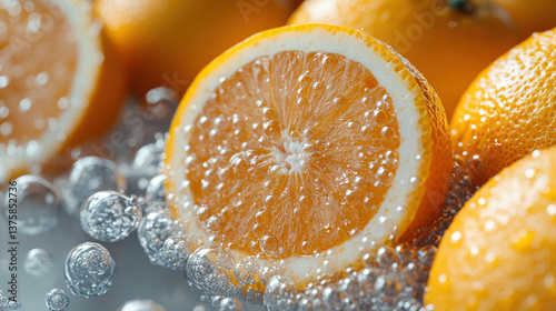 There are several oranges in the environment full of orange juice, and the oranges float in the juice environment full of bubbles. 