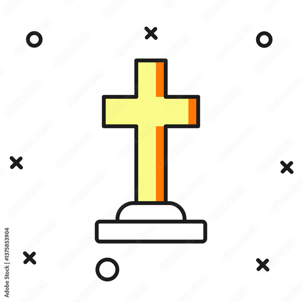 Filled outline Tombstone with cross icon isolated on white background. Grave icon. Happy Halloween party. Flat filled outline style with shadow. Vector