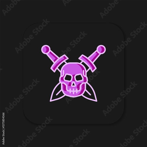 Filled outline Crossed medieval sword with skull icon isolated on black background. Medieval weapon. Flat filled outline style with shadow. Vector