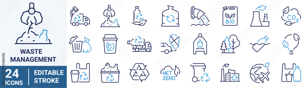 Waste Management web line icon. Recycling waste. Garbage disposal. Trash separation, waste sorting with further recycling. Editable stroke Waste Management web line icon. Recycling waste. Garbage disposal. Trash separation, waste sorting with further recycling. Editable stroke
