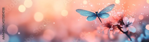Ethereal Easter fairy sprinkling pastel dust over flowers.
