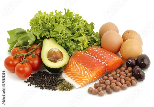 A flat lay of various healthy foods, including fish, chicken, vegetables, and fruits on a white background