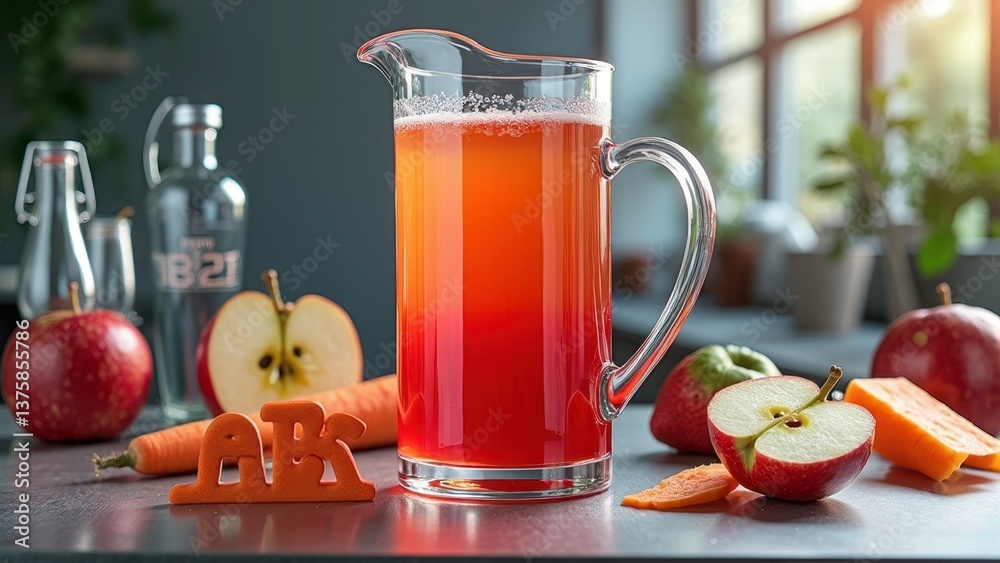Fresh apple and carrot juice in glass pitcher with sliced fruits and vegetables Fresh apple and carrot juice in glass pitcher with sliced fruits and vegetables