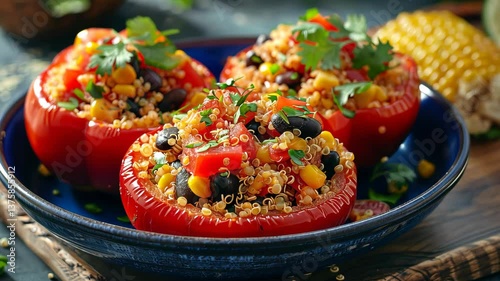 Quinoa stuffed bell peppers with black beans, corn, and Mexican spices