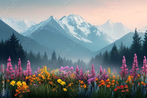 Misty morning Easter egg hunt in a mountain meadow.