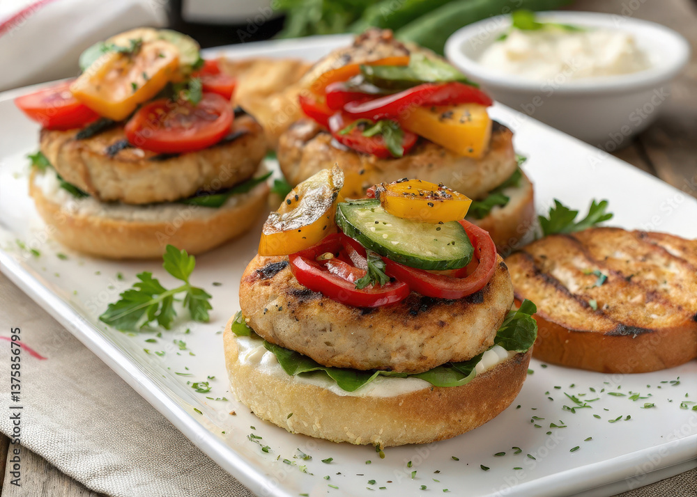 Three toasted sandwiches on a white plate with sliced tomatoes, cucumbers and sprouts. Three toasted sandwiches on a white plate with sliced tomatoes, cucumbers and sprouts.