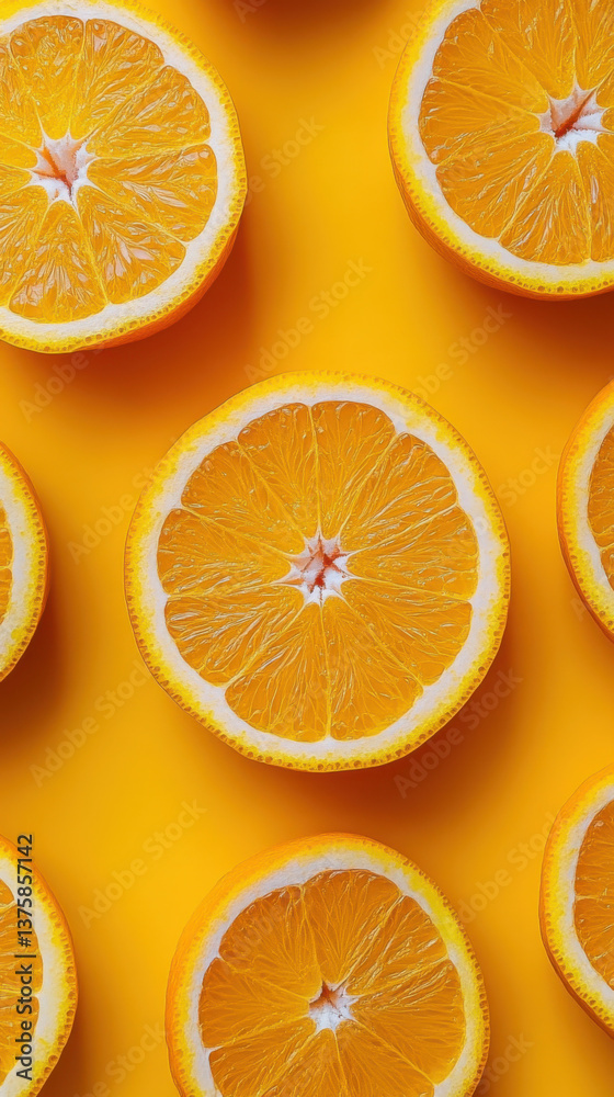 Fototapeta premium orange slices, fresh and juicy oranges, on a yellow background, top view, 