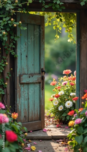 Open door with blooming flowers in a cozy garden setting. Happy easter religious