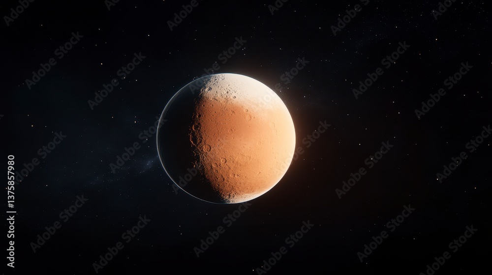Mysteries of the Cosmos: An alien planet orbits in a deep space vista, the rugged surface highlighted with soft sunlight, invoking a sense of awe and discovery. Mysteries of the Cosmos: An alien planet orbits in a deep space vista, the rugged surface highlighted with soft sunlight, invoking a sense of awe and discovery.