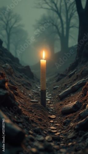 Candle flickering in a dark, foggy pathway surrounded by trees. Happy easter religious