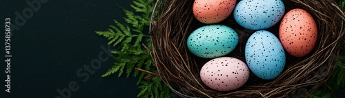 Dragon eggs decorated as Easter eggs in a fantasy nest.