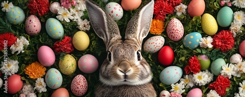 Easter bunny hiding colorful eggs in an enchanted garden.