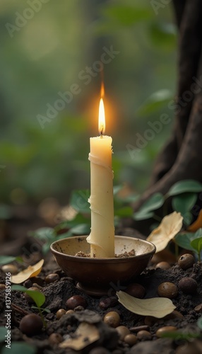 Candle standing in a clay dish on forest soil surrounded by nature. Happy easter religious