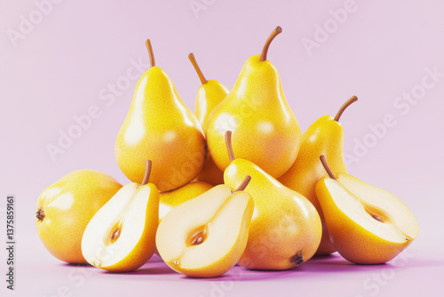 A stunningly beautiful  on a light purple background, which depicts beautiful shiny detailed pears in a pile at the bottom, 