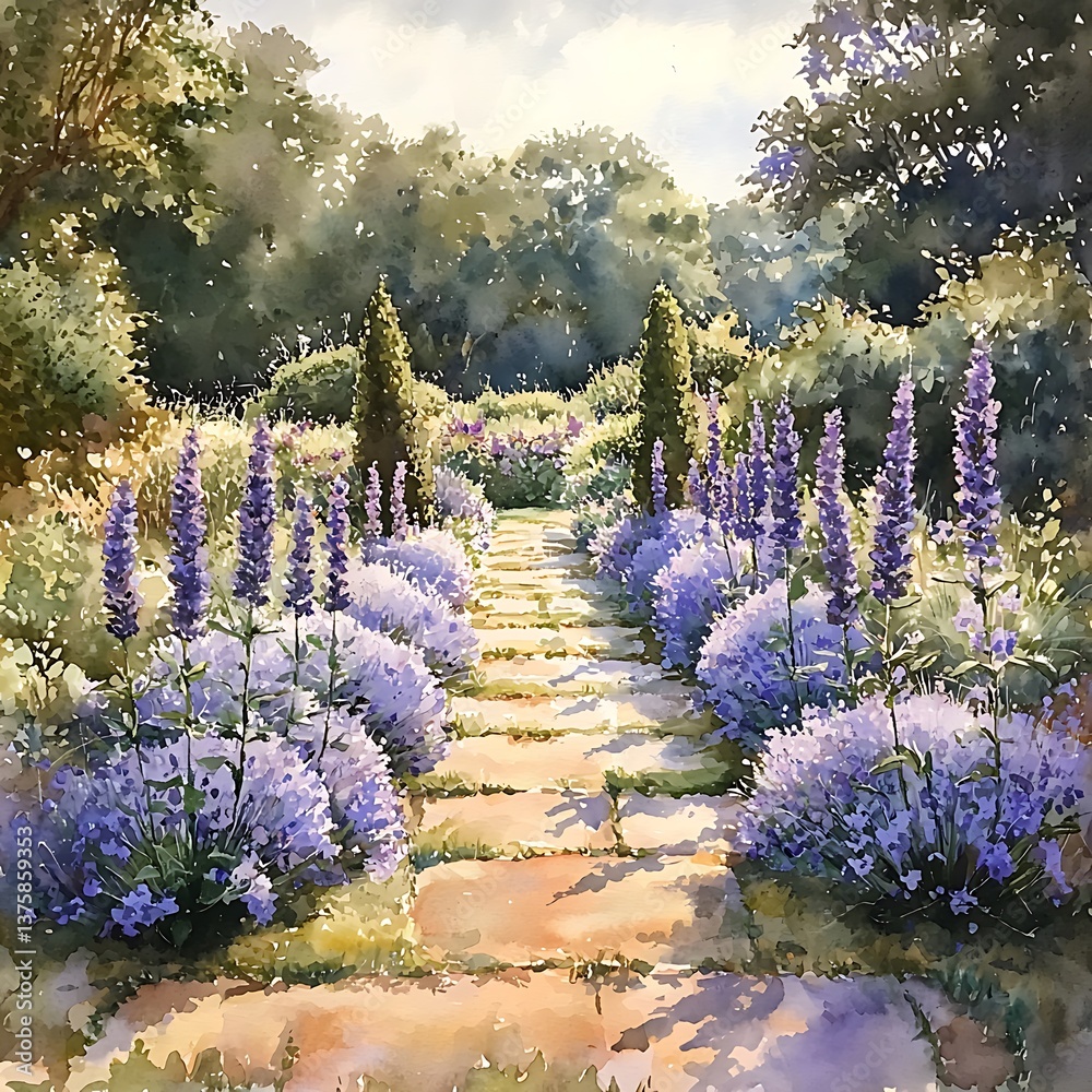 Fototapeta premium Serene Garden Path A Watercolor Painting of Lavender and Stone.