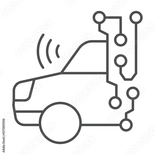 Car with wireless sensor circuit thin line icon, neural network concept. Vector graphics. Automobile with data connections sign on white background, outline style icon for mobile or web design.