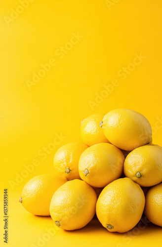 Photo of a pile of lemons on a yellow background, simple composition, minimalist style, 