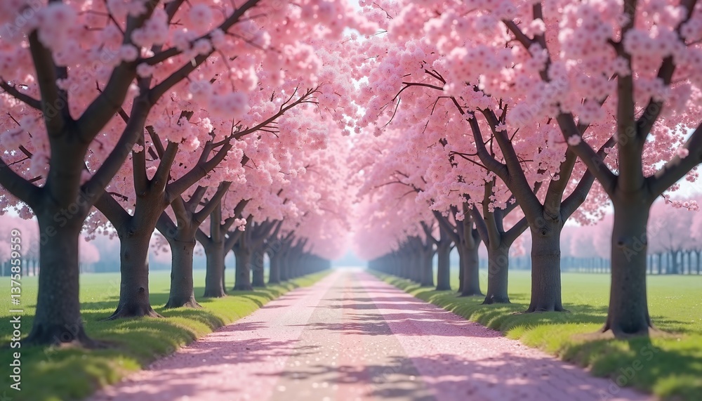 Naklejka premium Romantic Cherry Blossom Pathway in Bloom, Symbolizing Serenity and Renewal