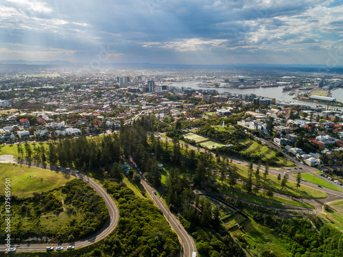 Aerial views of Newcastle from in King Edward Park showing city and harbour