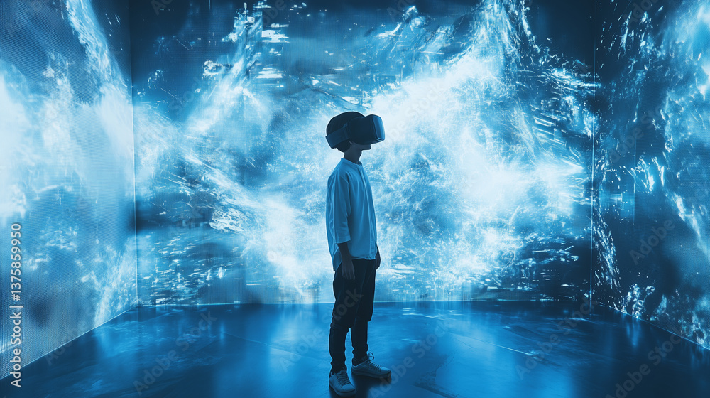 Fototapeta premium Interactive digital technology, teenager explores world using VR headset, experience virtual reality