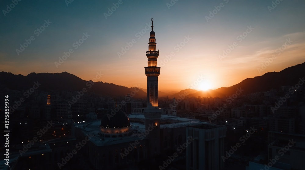 Obraz premium Majestic Mosque Tower at Dawn with cityscape in background