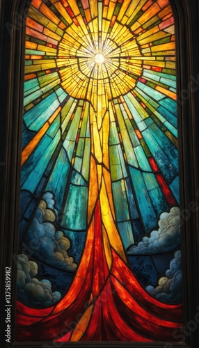 Vibrant stained glass window depicting radiant light and abstract patterns