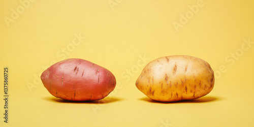 baby potatoes by one side and sweet potatoes by the other on a yellow background, science,