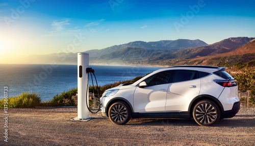 white electric suv charging by scenic coast