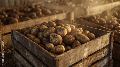 potatoes placed in a big rustic wooden crate right on the farm, ready to ship. 