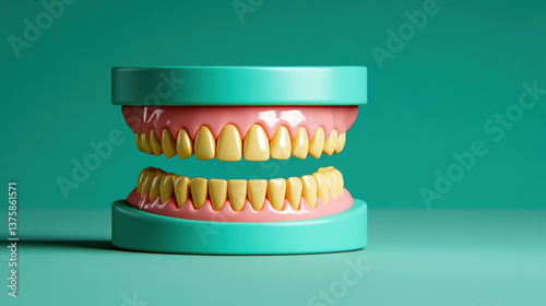 Dentures, Model of artificial teeth on a colorful background.