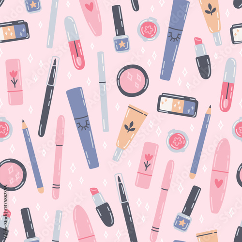 Pattern with cosmetics. Seamless texture with Face makeup tools illustrations in flat style. Cute cartoon beauty products. Vector hand-drawn pattern on pink background	