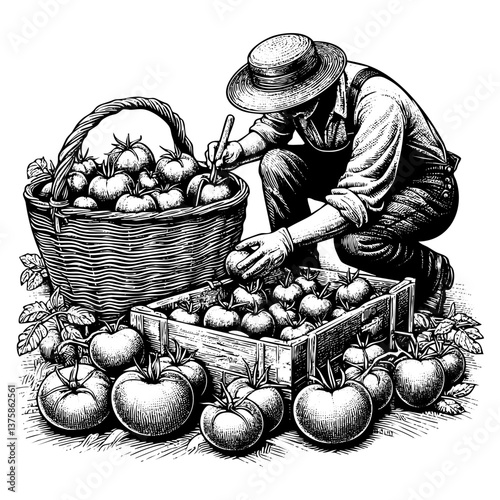 Farmer harvesting tomato sketch engraving black and white outline. Scratch board imitation.
