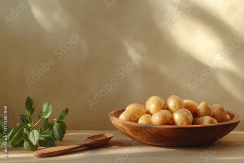 a wooden table with potatoes scattered around a bowl of baby potatoes on it, front view