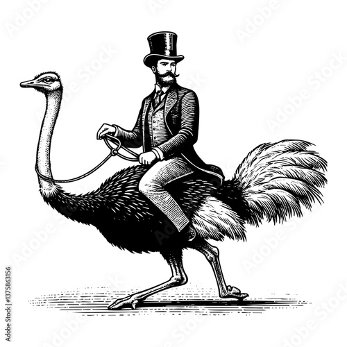 Gentleman riding Ostrich sketch engraving black and white outline. Scratch board imitation.
