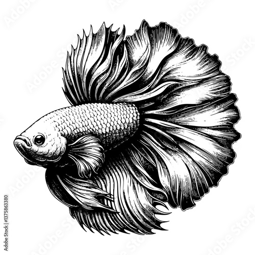 Betta fish sketch engraving black and white outline. Scratch board imitation.  illustrated in vintage line art style on a white background.