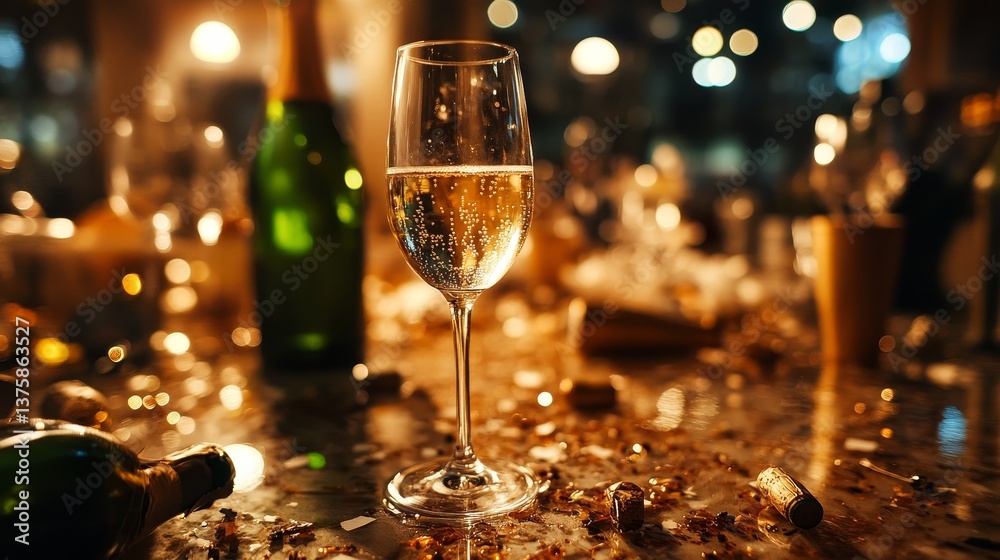 Glass of sparkling wine surrounded by bottles and confetti in warm festive atmosphere after celebration