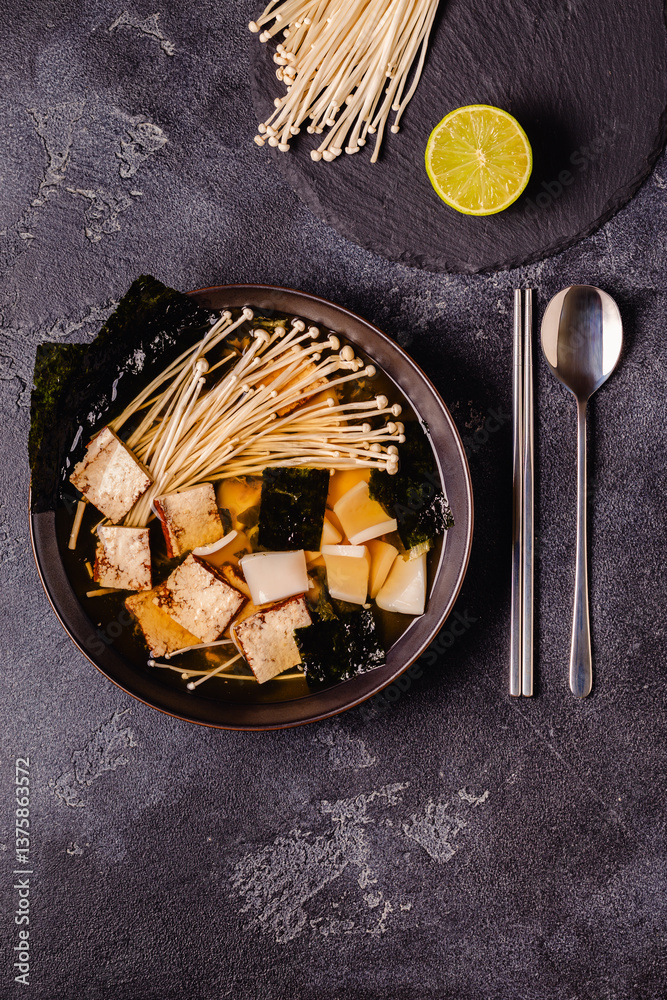 Asian-style soup with squid, tofu and enoki mushrooms.