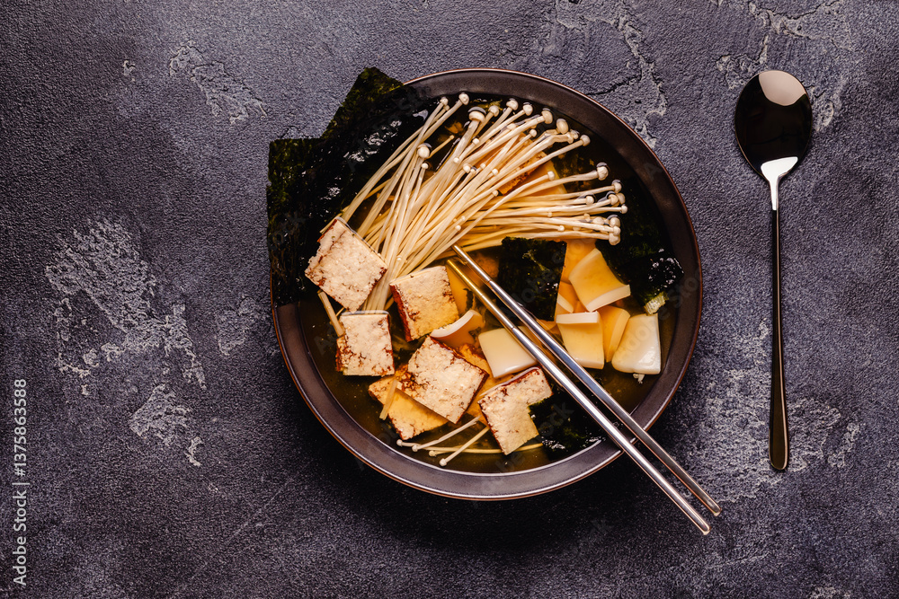 Asian-style soup with squid, tofu and enoki mushrooms.