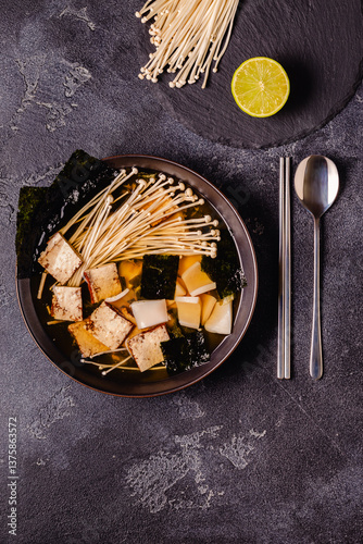 Obraz na płótnie Asian-style soup with squid, tofu and enoki mushrooms. w salonie