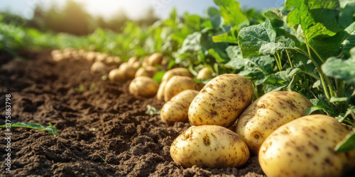 rows of harvested potatoes in a field of potatoes 