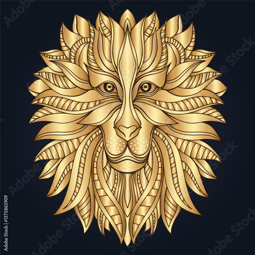Hand drawn stylized ornate golden lion head, lion face. Abstract ethnic oriental gradient predatory animal, mane patterns. Wild icon, mascot logo, power emblem. Vector illustration on dark background