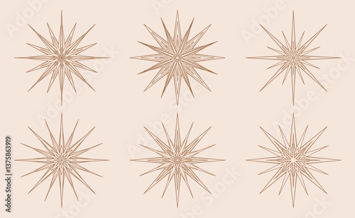 Hand drawn silhouette of Sun and stars. Magic bohemian symbol bursting sun rays. Mystical celestial circle talisman, antique style, boho, logo. Vector set illustration isolated on beige background
