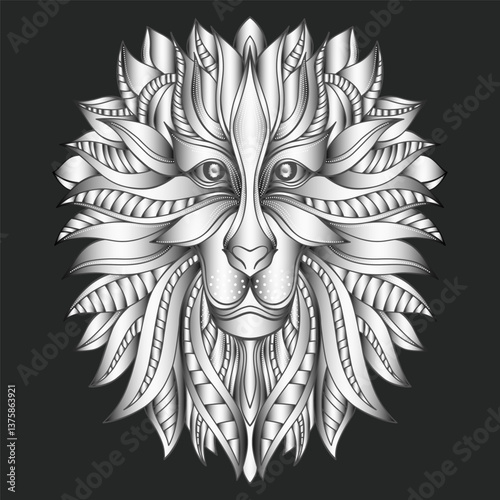 Hand drawn stylized ornate silver lion head, lion face. Abstract ethnic oriental gradient predatory animal, mane patterns. Wild icon, mascot logo, power emblem. Vector illustration on dark background