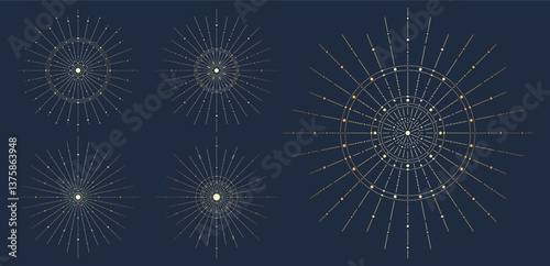 Hand drawn silhouette of gold star, sunburst, planet, light rays. Bohemian symbol bursting sun ray. Magic cosmic talisman, antique style, boho, logo. Vector illustration on blue background
