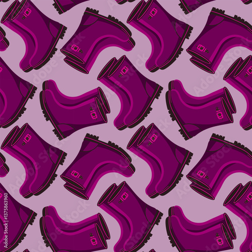 Seamless pattern of burgundy shiny rubber boots. Waterproof shoes for autumn rainy weather, felt boots. Autumn rain boots. Vector