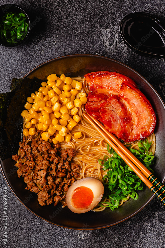 A bowl of ramen with noodles, meat and green onions.
