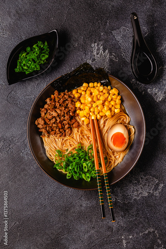 Obraz na płótnie A bowl of ramen with noodles, meat and green onions. w salonie